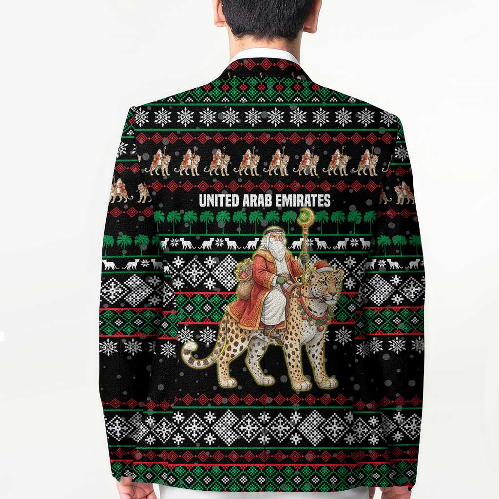 United Arab Emirates Christmas Blazer with Santa Riding Cheetah Black Snowflake Pattern and Palm Tree - Wonder Print Shop