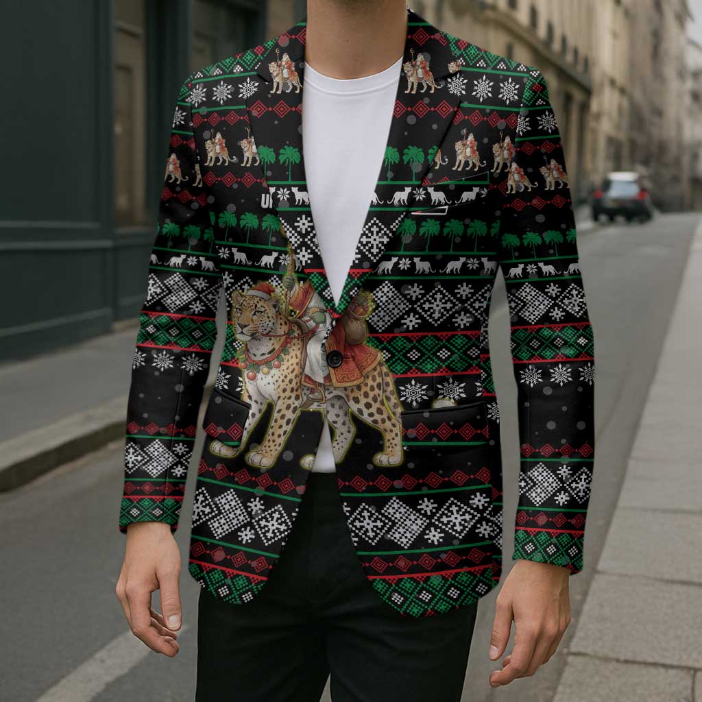 United Arab Emirates Christmas Blazer with Santa Riding Cheetah Black Snowflake Pattern and Palm Tree - Wonder Print Shop