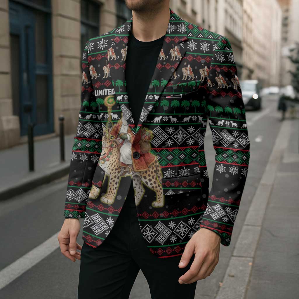 United Arab Emirates Christmas Blazer with Santa Riding Cheetah Black Snowflake Pattern and Palm Tree - Wonder Print Shop