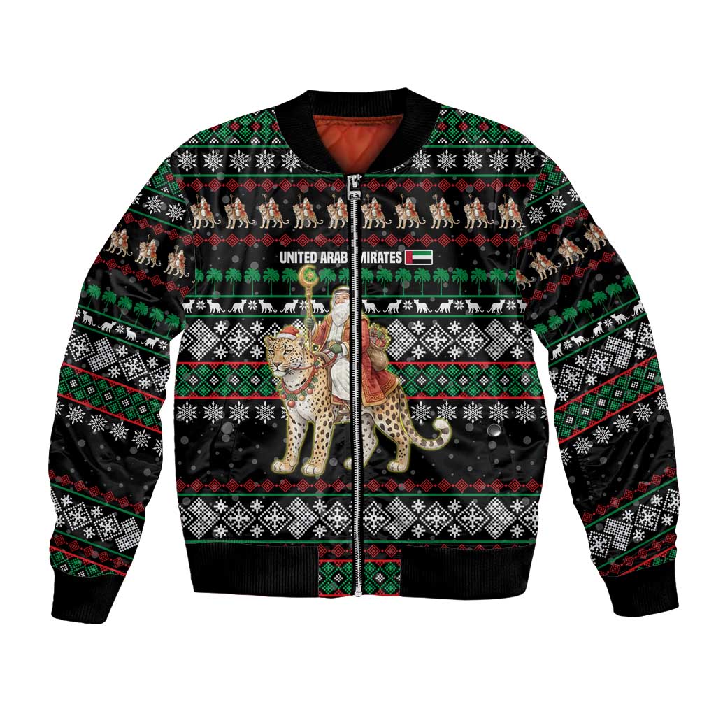 United Arab Emirates Christmas Bomber Jacket with Santa Riding Cheetah Black Snowflake Pattern and Palm Tree - Wonder Print Shop