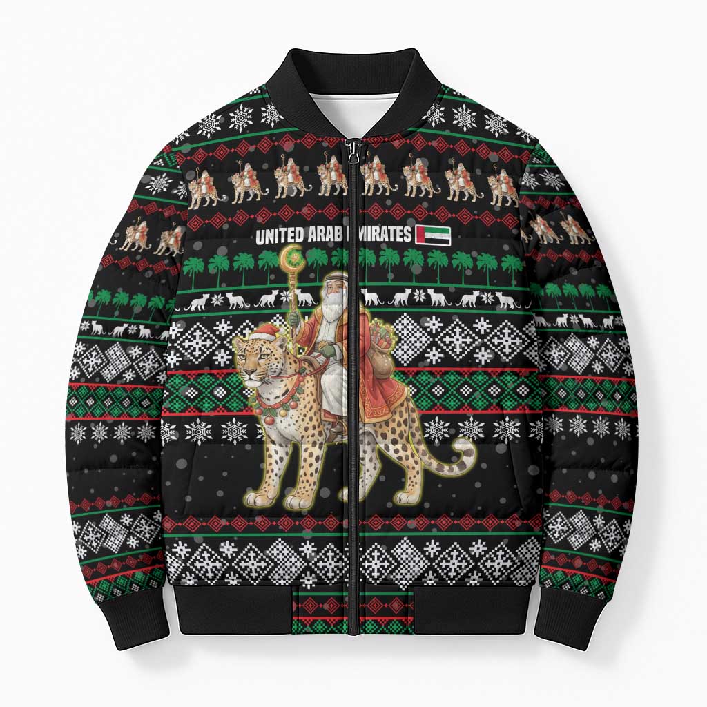 United Arab Emirates Christmas Bomber Puffer Jacket with Santa Riding Cheetah Black Snowflake Pattern and Palm Tree - Wonder Print Shop