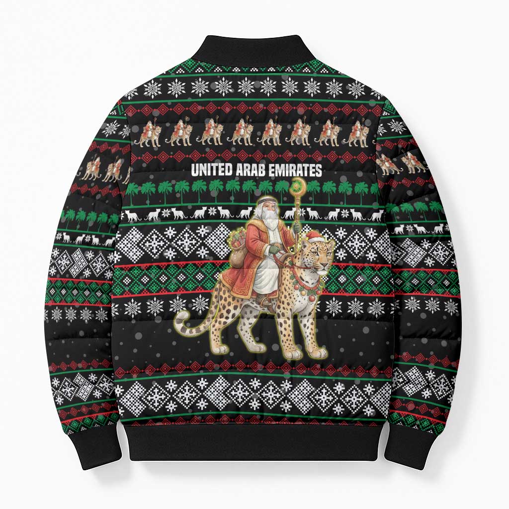 United Arab Emirates Christmas Bomber Puffer Jacket with Santa Riding Cheetah Black Snowflake Pattern and Palm Tree - Wonder Print Shop