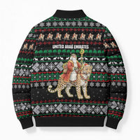 United Arab Emirates Christmas Bomber Puffer Jacket with Santa Riding Cheetah Black Snowflake Pattern and Palm Tree - Wonder Print Shop