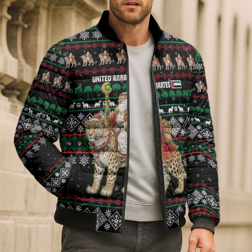 United Arab Emirates Christmas Bomber Puffer Jacket with Santa Riding Cheetah Black Snowflake Pattern and Palm Tree - Wonder Print Shop
