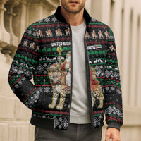 United Arab Emirates Christmas Bomber Puffer Jacket with Santa Riding Cheetah Black Snowflake Pattern and Palm Tree - Wonder Print Shop