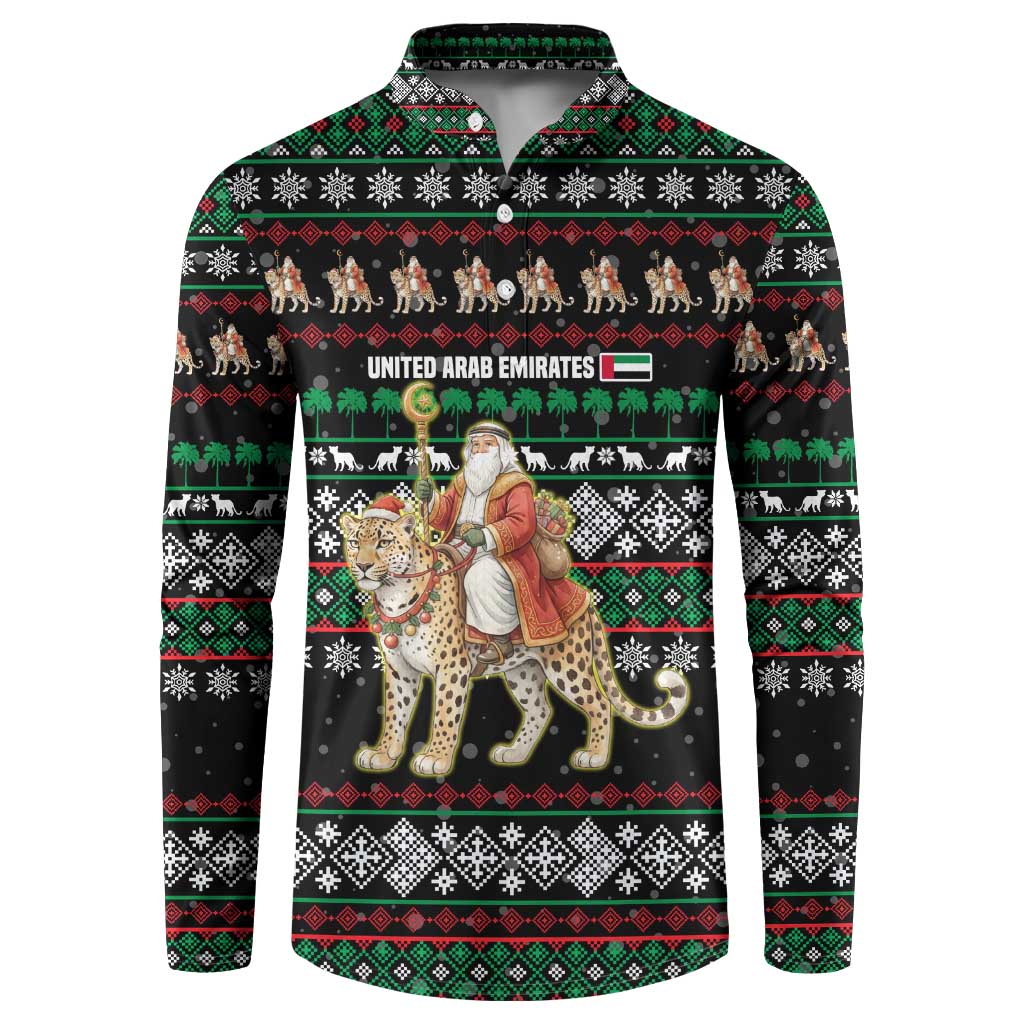 United Arab Emirates Christmas Button Sweatshirt with Santa Riding Cheetah Black Snowflake Pattern and Palm Tree - Wonder Print Shop