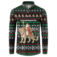 United Arab Emirates Christmas Button Sweatshirt with Santa Riding Cheetah Black Snowflake Pattern and Palm Tree - Wonder Print Shop