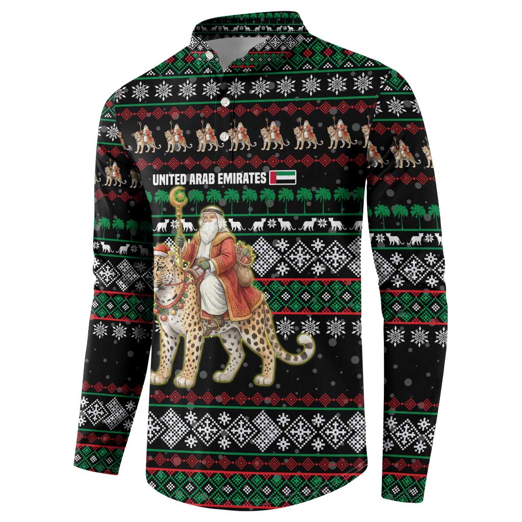 United Arab Emirates Christmas Button Sweatshirt with Santa Riding Cheetah Black Snowflake Pattern and Palm Tree - Wonder Print Shop