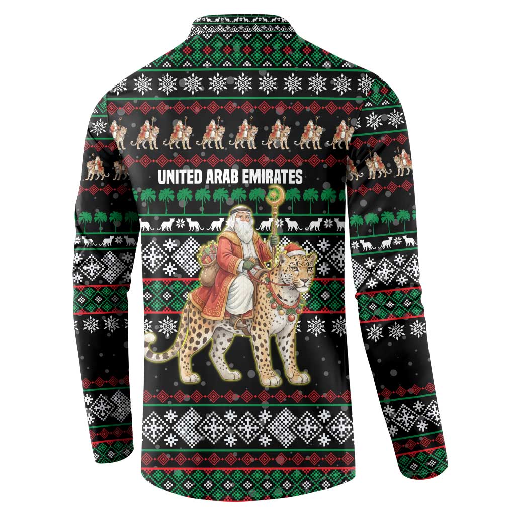 United Arab Emirates Christmas Button Sweatshirt with Santa Riding Cheetah Black Snowflake Pattern and Palm Tree - Wonder Print Shop