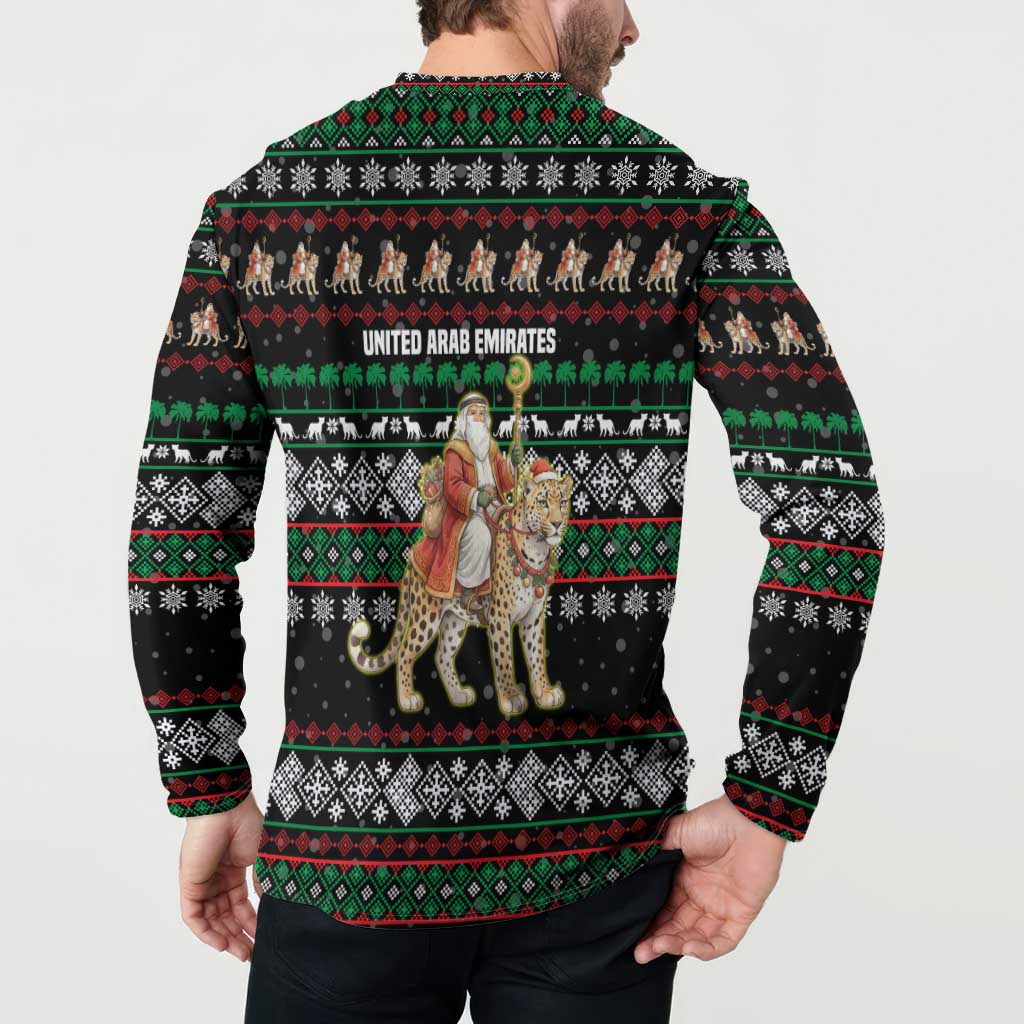 United Arab Emirates Christmas Button Sweatshirt with Santa Riding Cheetah Black Snowflake Pattern and Palm Tree - Wonder Print Shop