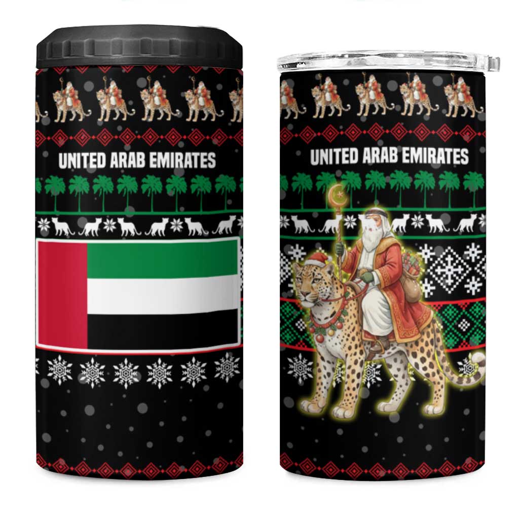 United Arab Emirates Christmas 4 in 1 Can Cooler Tumbler with Santa Riding Cheetah Black Snowflake Pattern and Palm Tree - Wonder Print Shop