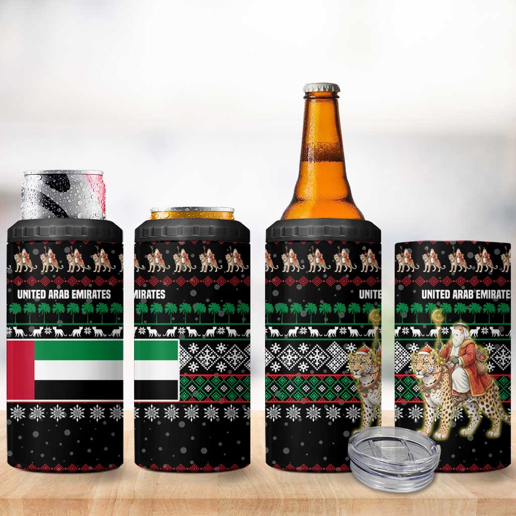 United Arab Emirates Christmas 4 in 1 Can Cooler Tumbler with Santa Riding Cheetah Black Snowflake Pattern and Palm Tree - Wonder Print Shop