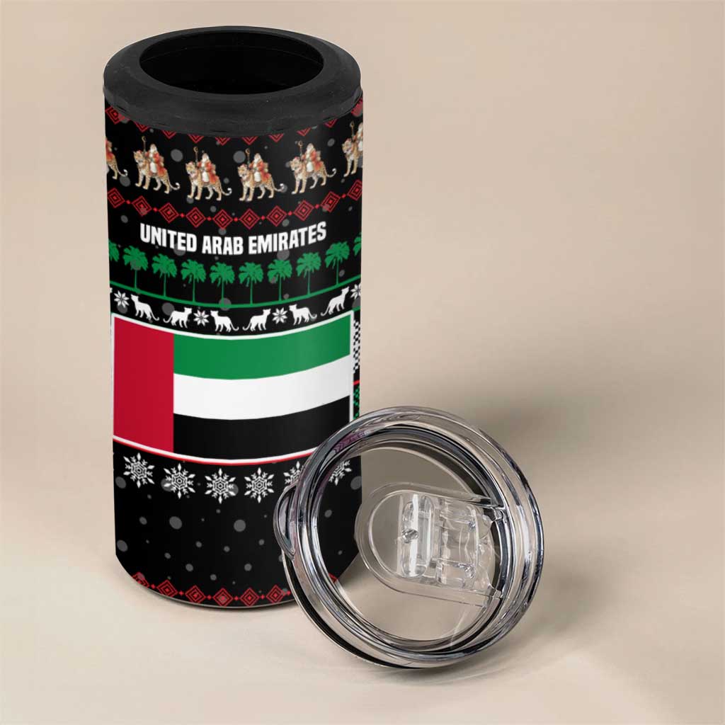 United Arab Emirates Christmas 4 in 1 Can Cooler Tumbler with Santa Riding Cheetah Black Snowflake Pattern and Palm Tree - Wonder Print Shop