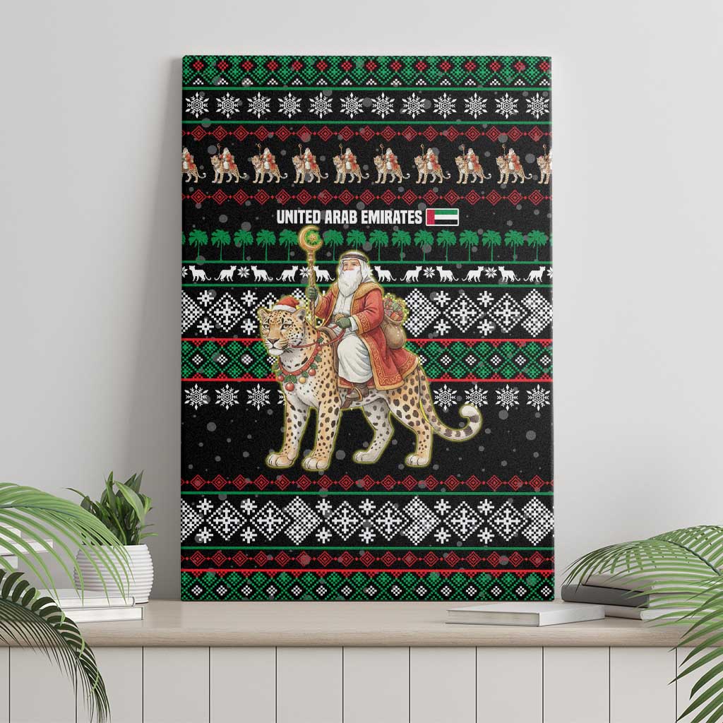 United Arab Emirates Christmas Canvas Wall Art with Santa Riding Cheetah Black Snowflake Pattern and Palm Tree - Wonder Print Shop