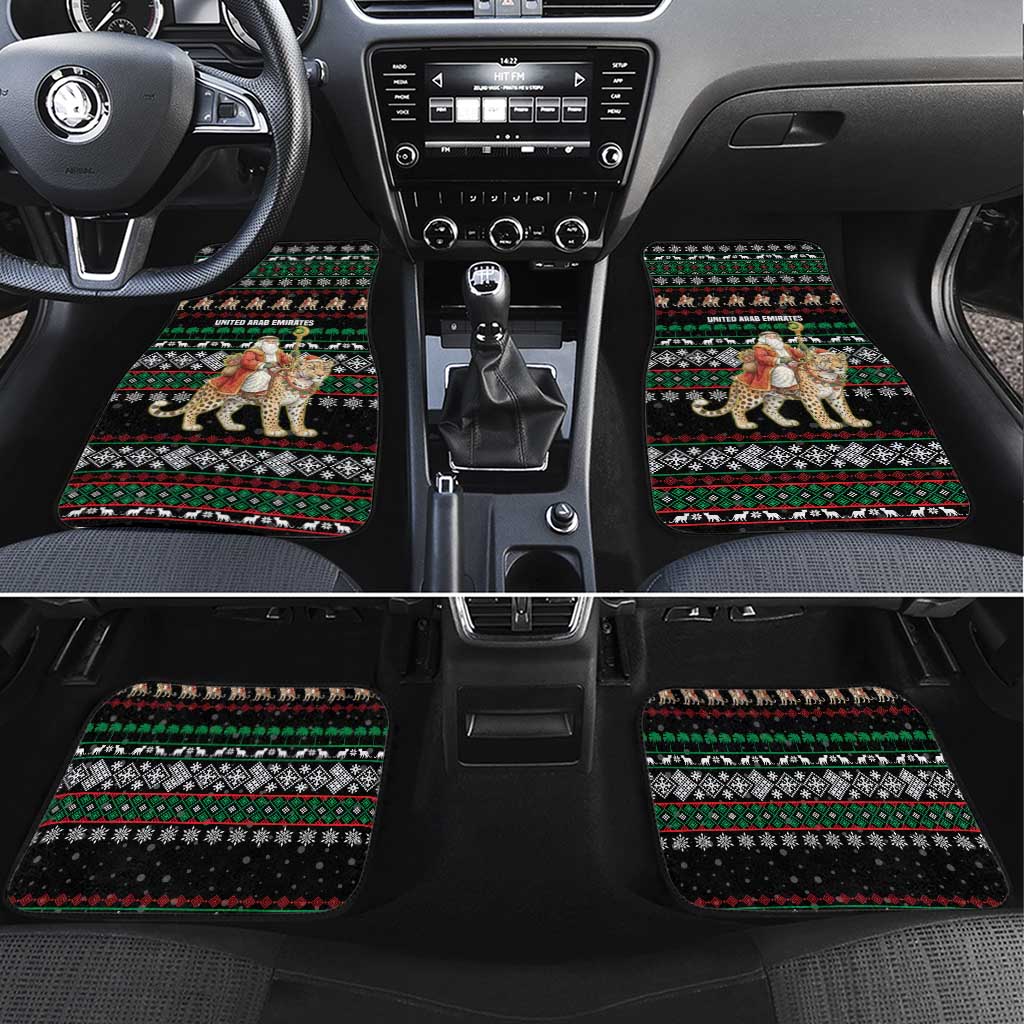United Arab Emirates Christmas Car Mats with Santa Riding Cheetah Black Snowflake Pattern and Palm Tree - Wonder Print Shop