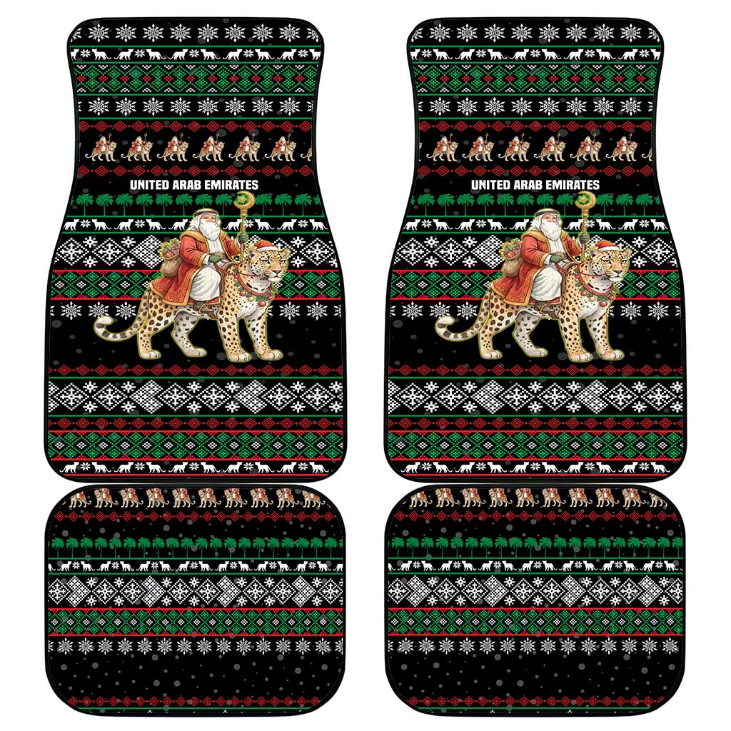 United Arab Emirates Christmas Car Mats with Santa Riding Cheetah Black Snowflake Pattern and Palm Tree - Wonder Print Shop