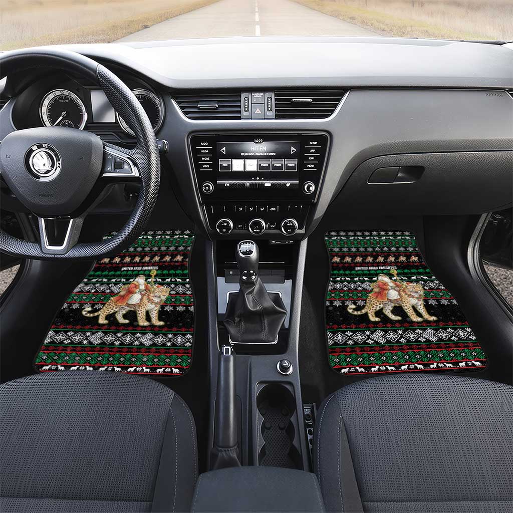 United Arab Emirates Christmas Car Mats with Santa Riding Cheetah Black Snowflake Pattern and Palm Tree - Wonder Print Shop