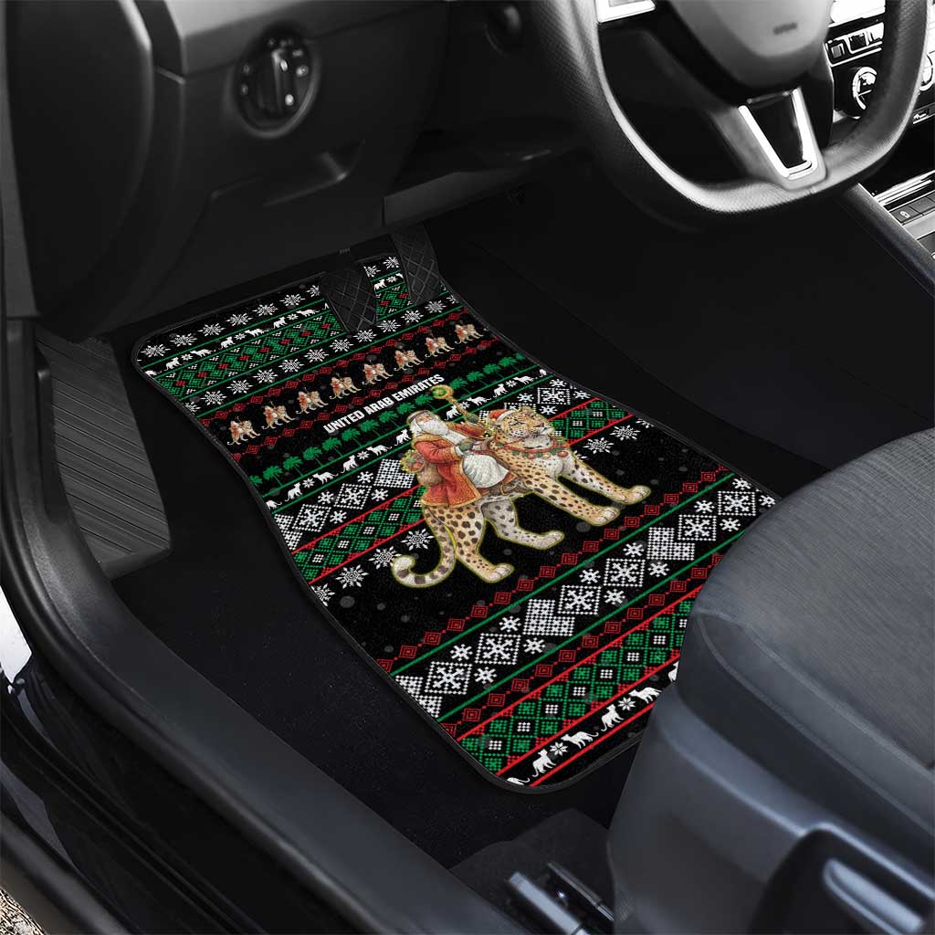 United Arab Emirates Christmas Car Mats with Santa Riding Cheetah Black Snowflake Pattern and Palm Tree - Wonder Print Shop