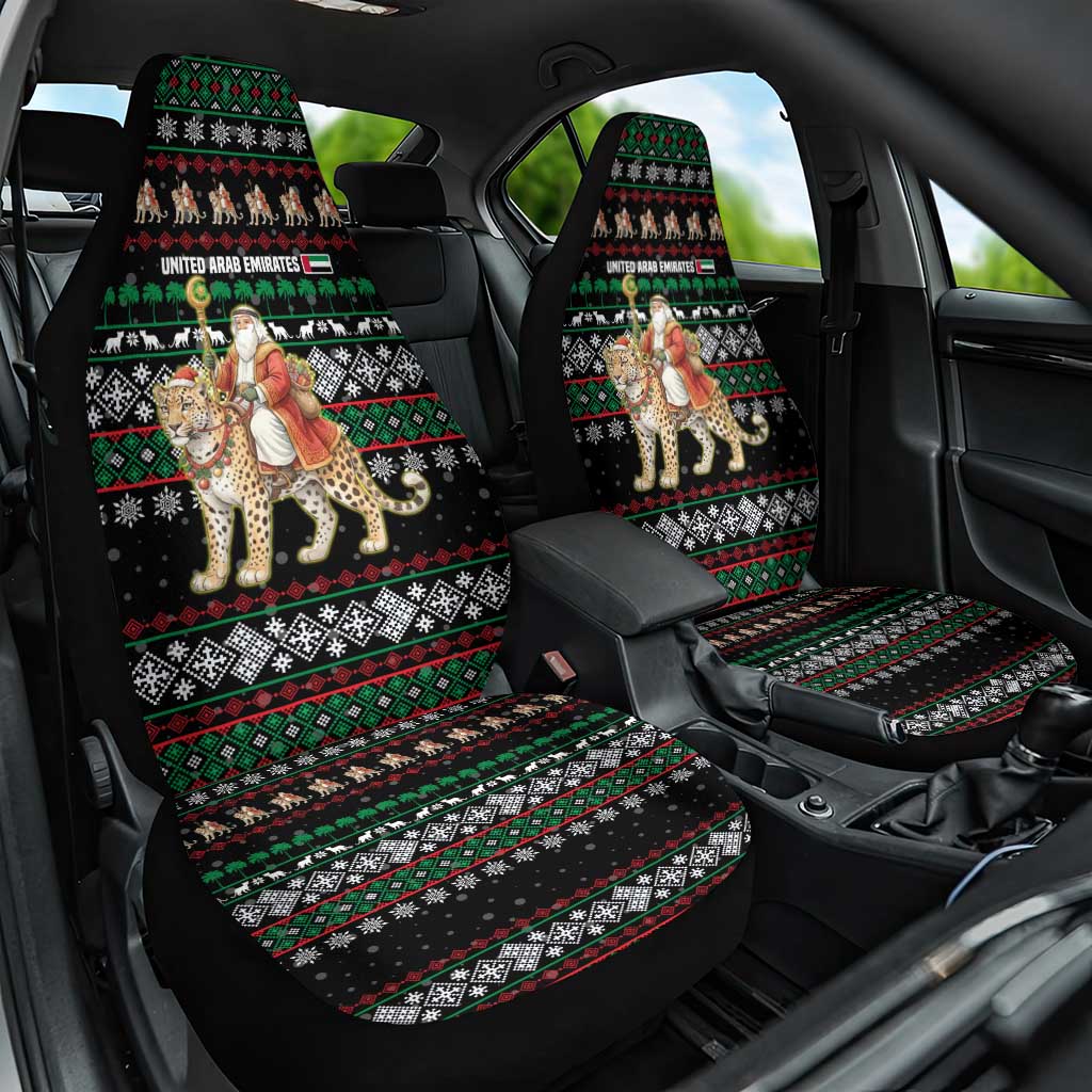 United Arab Emirates Christmas Car Seat Cover with Santa Riding Cheetah Black Snowflake Pattern and Palm Tree - Wonder Print Shop