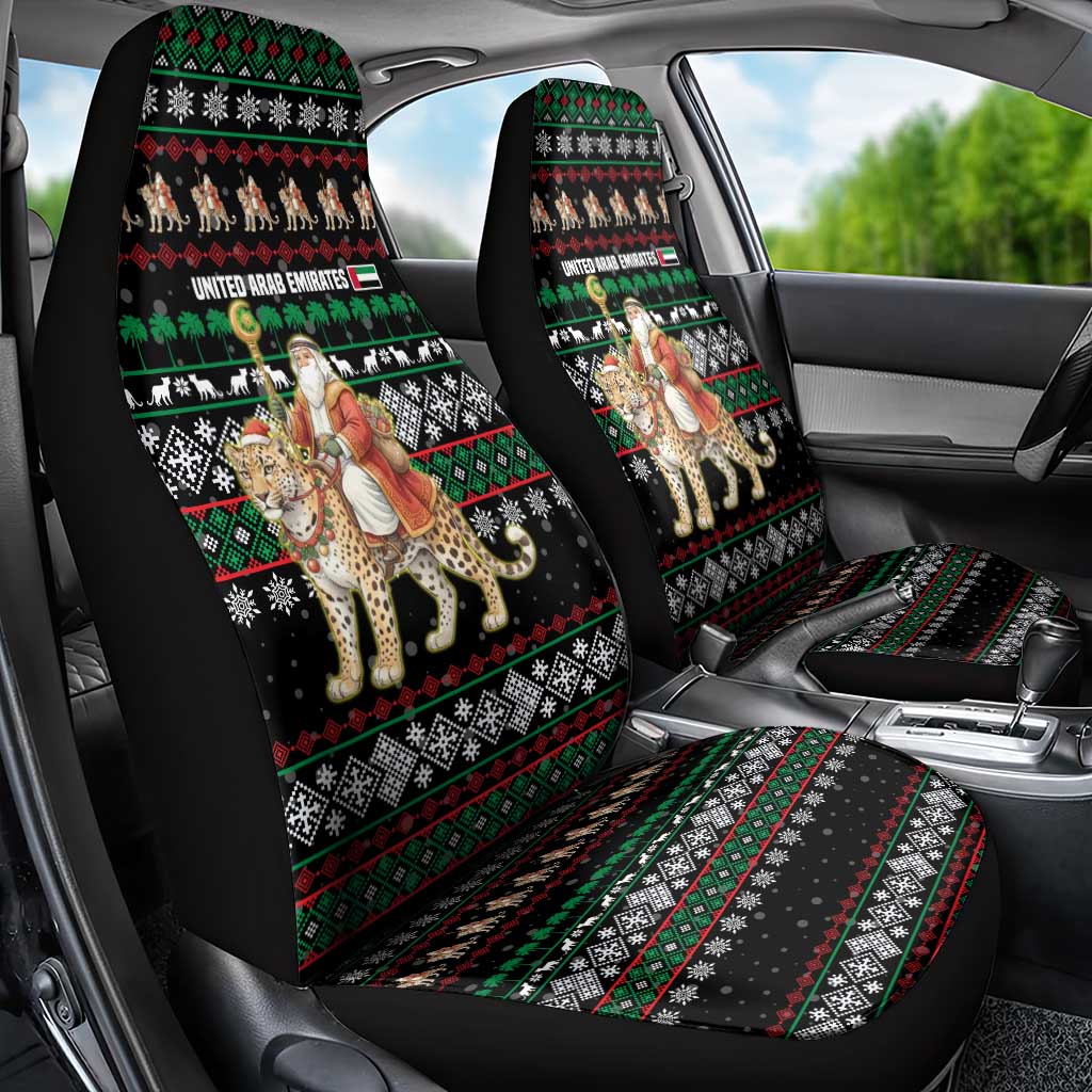 United Arab Emirates Christmas Car Seat Cover with Santa Riding Cheetah Black Snowflake Pattern and Palm Tree - Wonder Print Shop