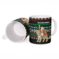 United Arab Emirates Christmas Ceramic Mug with Santa Riding Cheetah Black Snowflake Pattern and Palm Tree - Wonder Print Shop