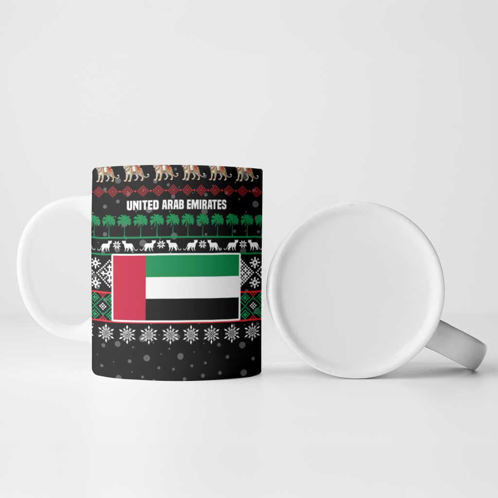 United Arab Emirates Christmas Ceramic Mug with Santa Riding Cheetah Black Snowflake Pattern and Palm Tree - Wonder Print Shop