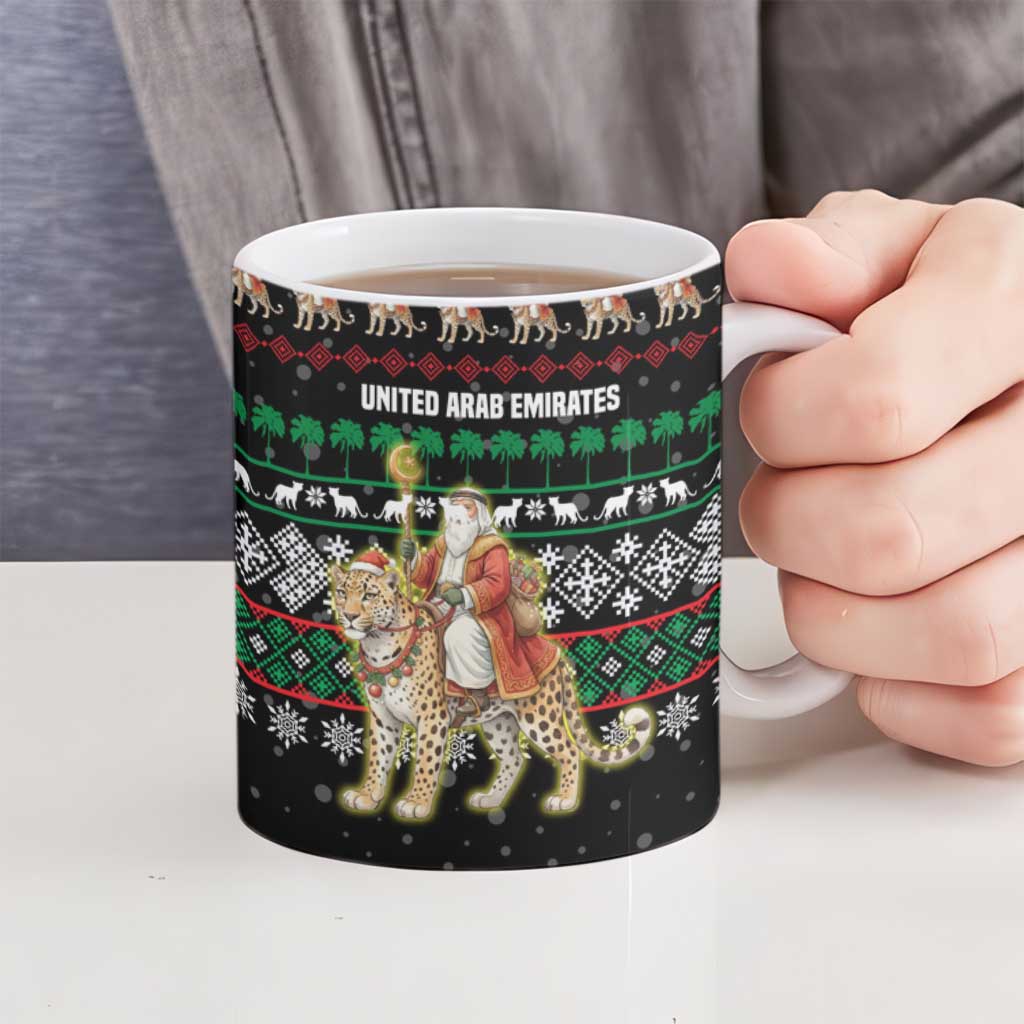 United Arab Emirates Christmas Ceramic Mug with Santa Riding Cheetah Black Snowflake Pattern and Palm Tree - Wonder Print Shop