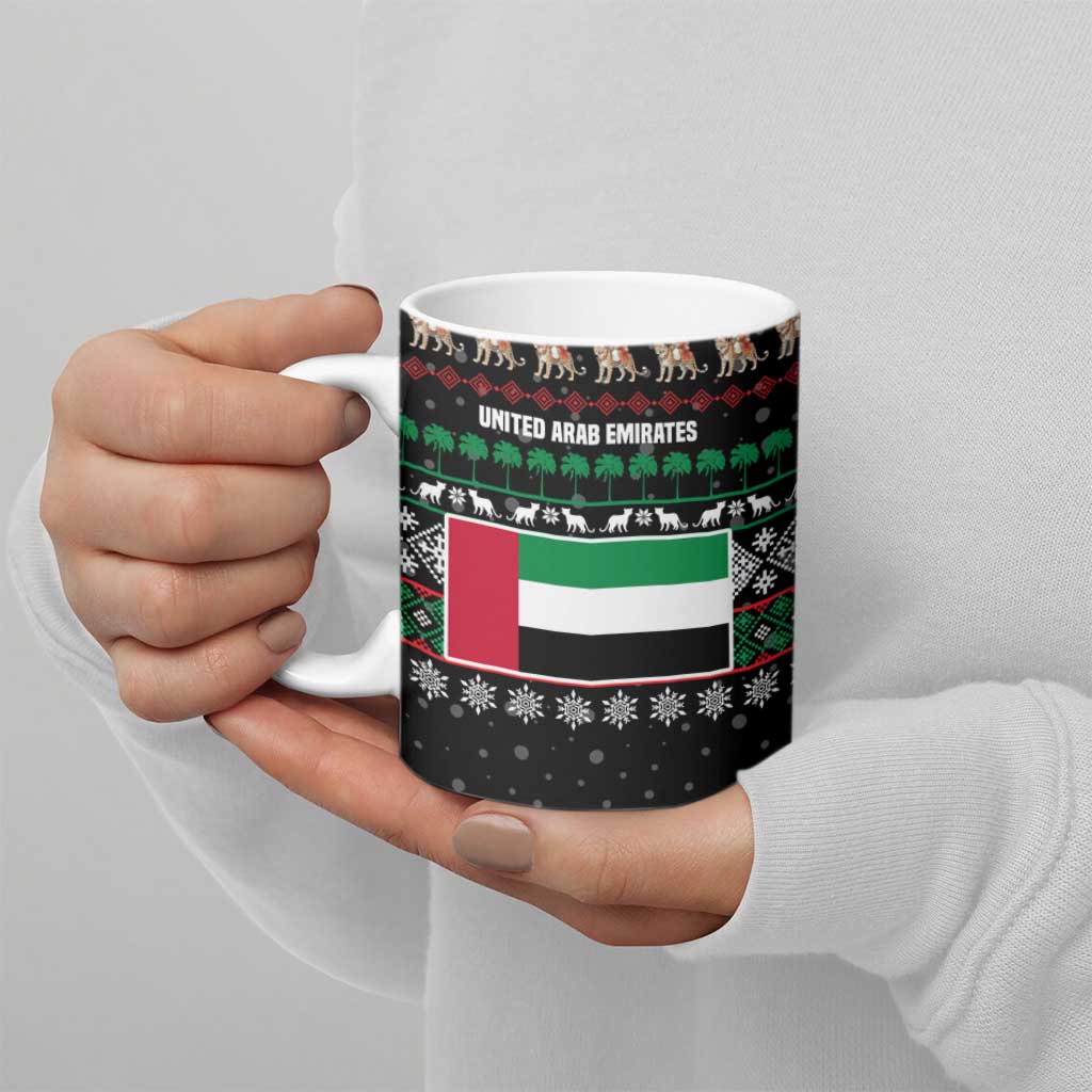 United Arab Emirates Christmas Ceramic Mug with Santa Riding Cheetah Black Snowflake Pattern and Palm Tree - Wonder Print Shop