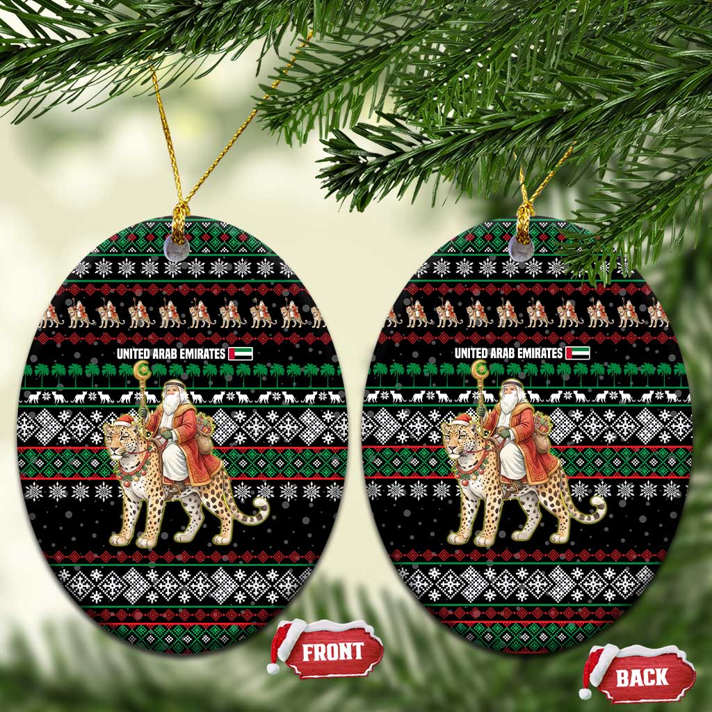 United Arab Emirates Christmas Ceramic Ornament with Santa Riding Cheetah Black Snowflake Pattern and Palm Tree - Wonder Print Shop