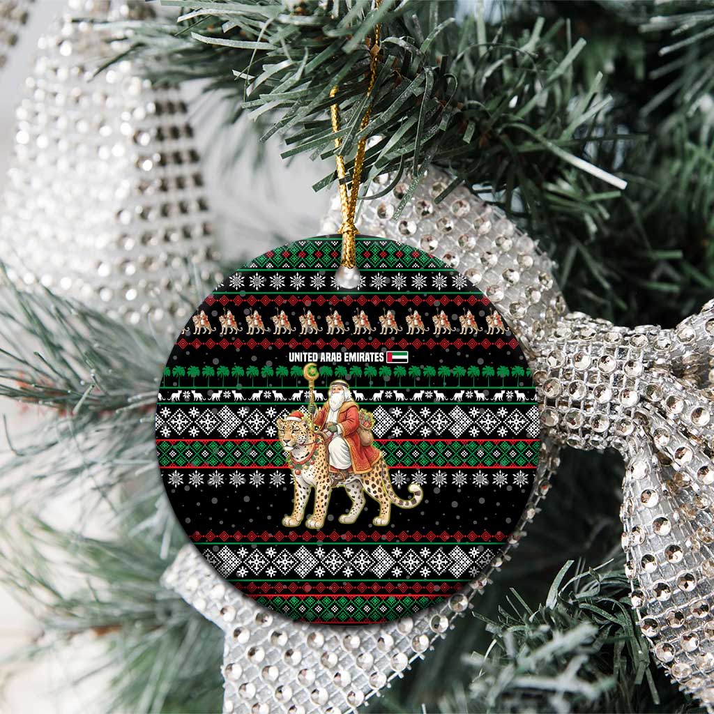 United Arab Emirates Christmas Ceramic Ornament with Santa Riding Cheetah Black Snowflake Pattern and Palm Tree - Wonder Print Shop
