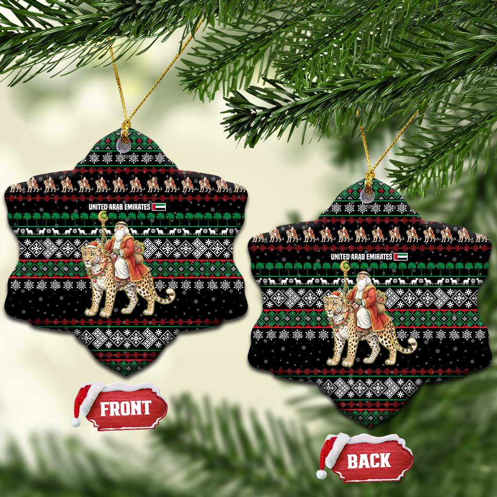 United Arab Emirates Christmas Ceramic Ornament with Santa Riding Cheetah Black Snowflake Pattern and Palm Tree - Wonder Print Shop