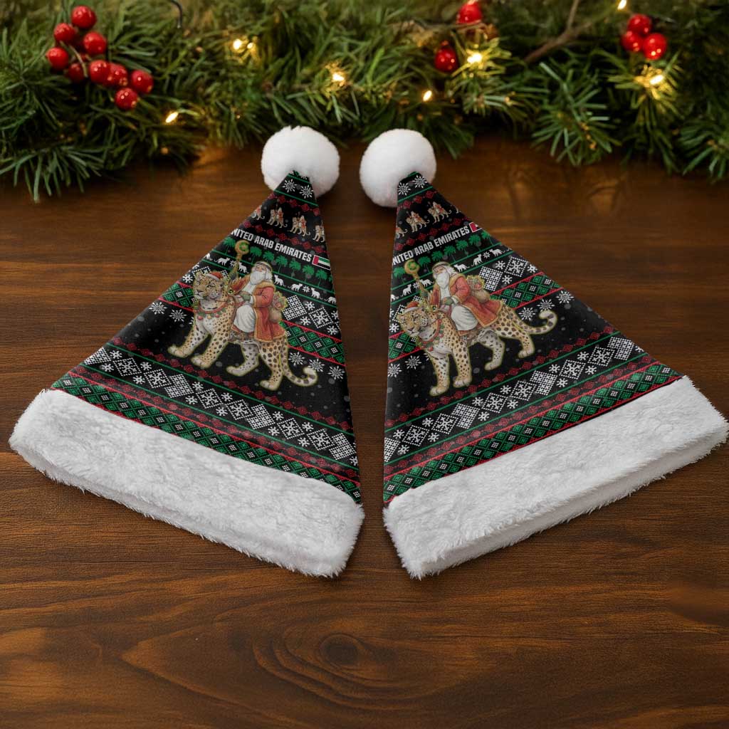 United Arab Emirates Christmas Santa Hat with Santa Riding Cheetah Black Snowflake Pattern and Palm Tree - Wonder Print Shop