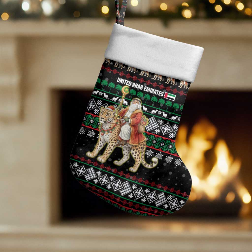 United Arab Emirates Christmas Stocking with Santa Riding Cheetah Black Snowflake Pattern and Palm Tree - Wonder Print Shop