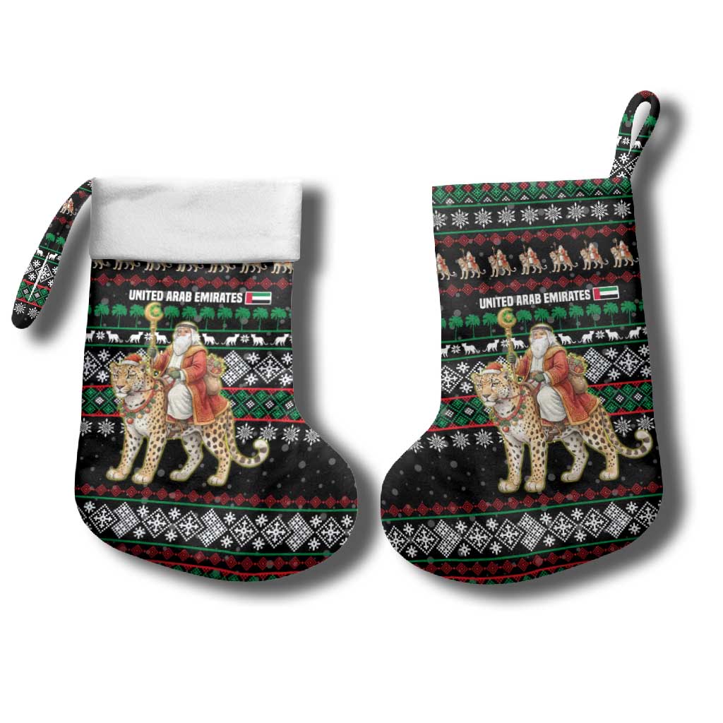 United Arab Emirates Christmas Stocking with Santa Riding Cheetah Black Snowflake Pattern and Palm Tree - Wonder Print Shop