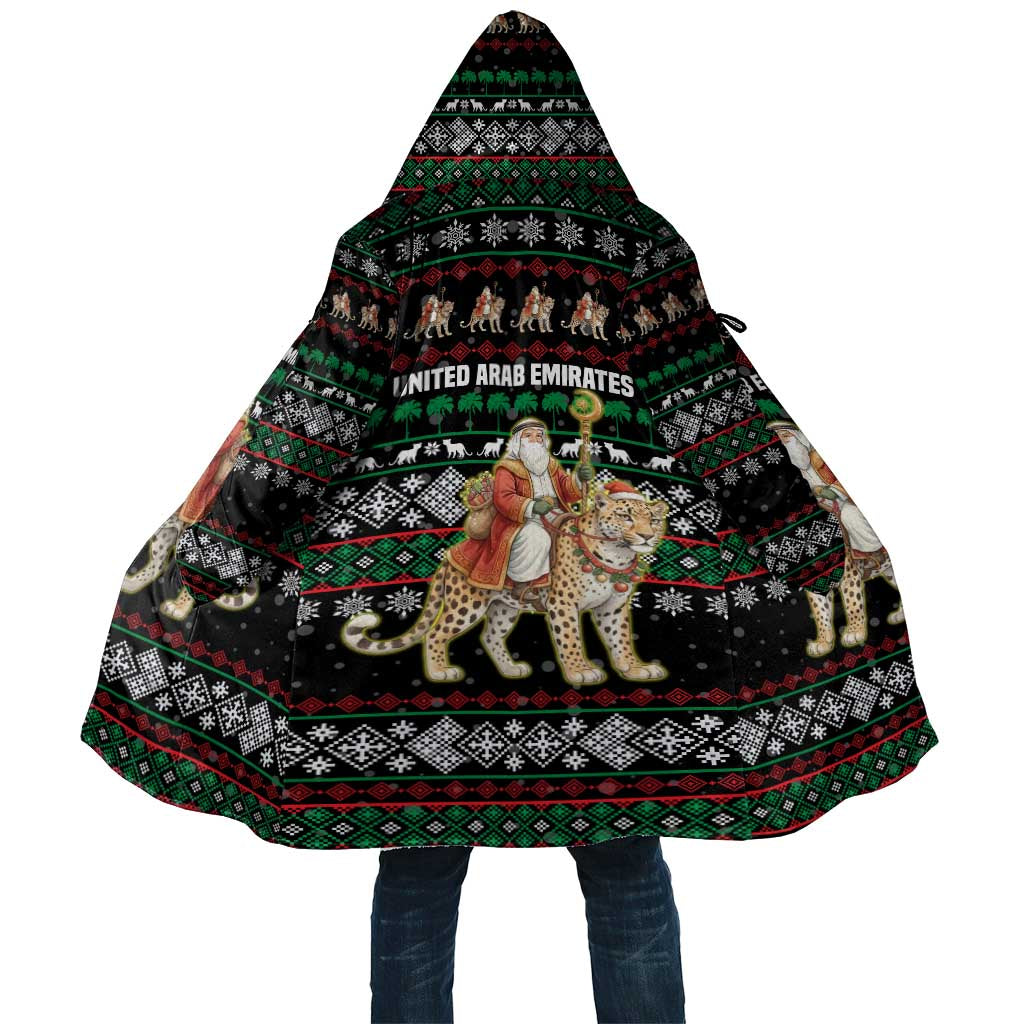 United Arab Emirates Christmas Cloak with Santa Riding Cheetah Black Snowflake Pattern and Palm Tree - Wonder Print Shop