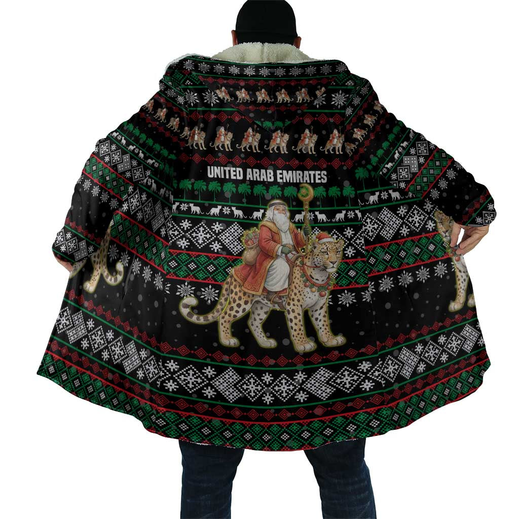 United Arab Emirates Christmas Cloak with Santa Riding Cheetah Black Snowflake Pattern and Palm Tree - Wonder Print Shop