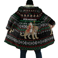 United Arab Emirates Christmas Cloak with Santa Riding Cheetah Black Snowflake Pattern and Palm Tree - Wonder Print Shop