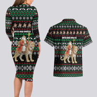 United Arab Emirates Christmas Couples Matching Long Sleeve Bodycon Dress and Hawaiian Shirt with Santa Riding Cheetah Black Snowflake Pattern and Palm Tree - Wonder Print Shop