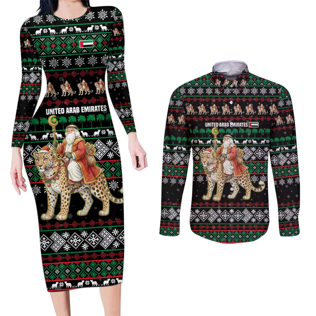 United Arab Emirates Christmas Couples Matching Long Sleeve Bodycon Dress and Long Sleeve Button Shirt with Santa Riding Cheetah Black Snowflake Pattern and Palm Tree - Wonder Print Shop