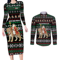 United Arab Emirates Christmas Couples Matching Long Sleeve Bodycon Dress and Long Sleeve Button Shirt with Santa Riding Cheetah Black Snowflake Pattern and Palm Tree - Wonder Print Shop