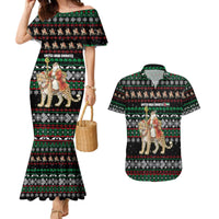 United Arab Emirates Christmas Couples Matching Mermaid Dress and Hawaiian Shirt with Santa Riding Cheetah Black Snowflake Pattern and Palm Tree - Wonder Print Shop