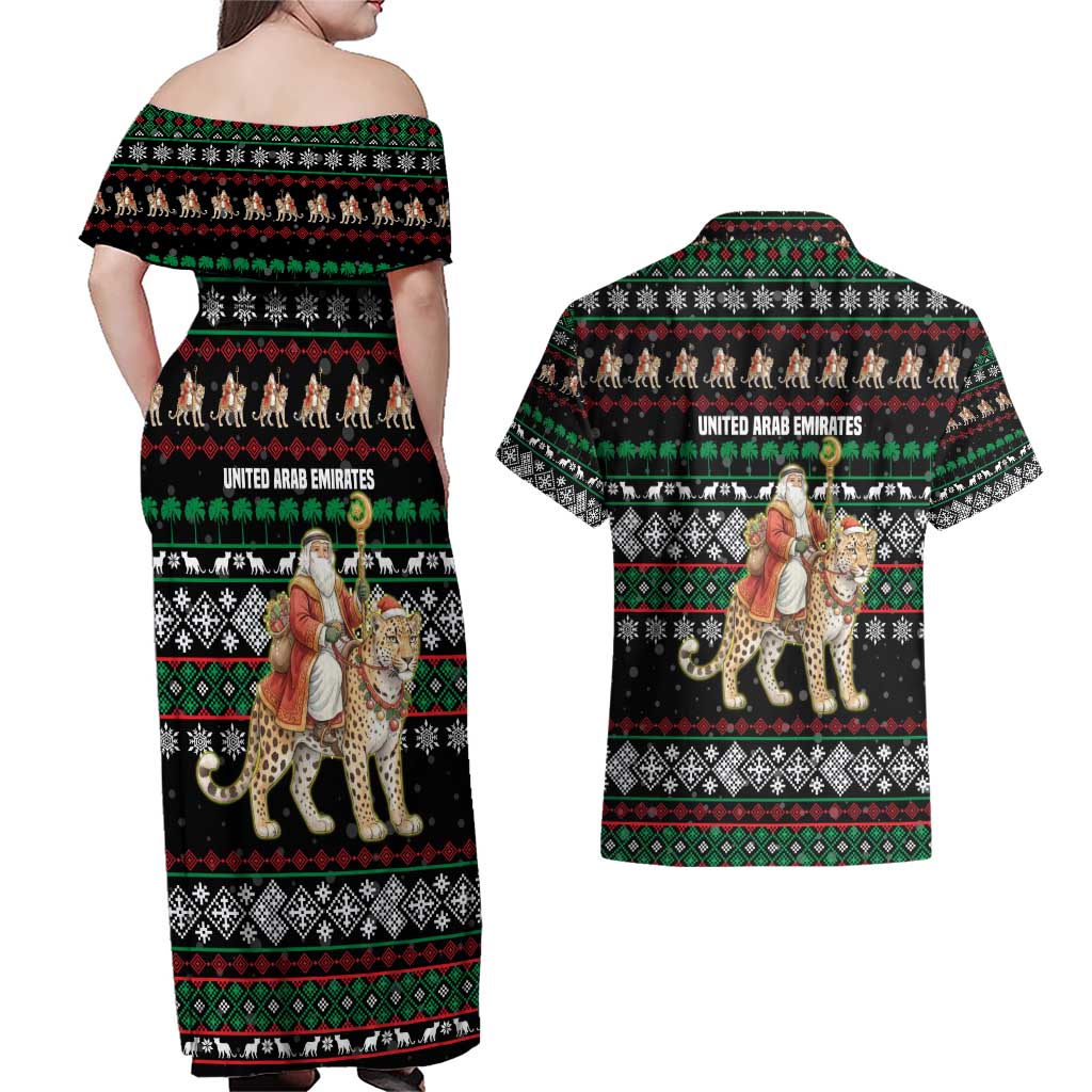 United Arab Emirates Christmas Couples Matching Off Shoulder Maxi Dress and Hawaiian Shirt with Santa Riding Cheetah Black Snowflake Pattern and Palm Tree - Wonder Print Shop
