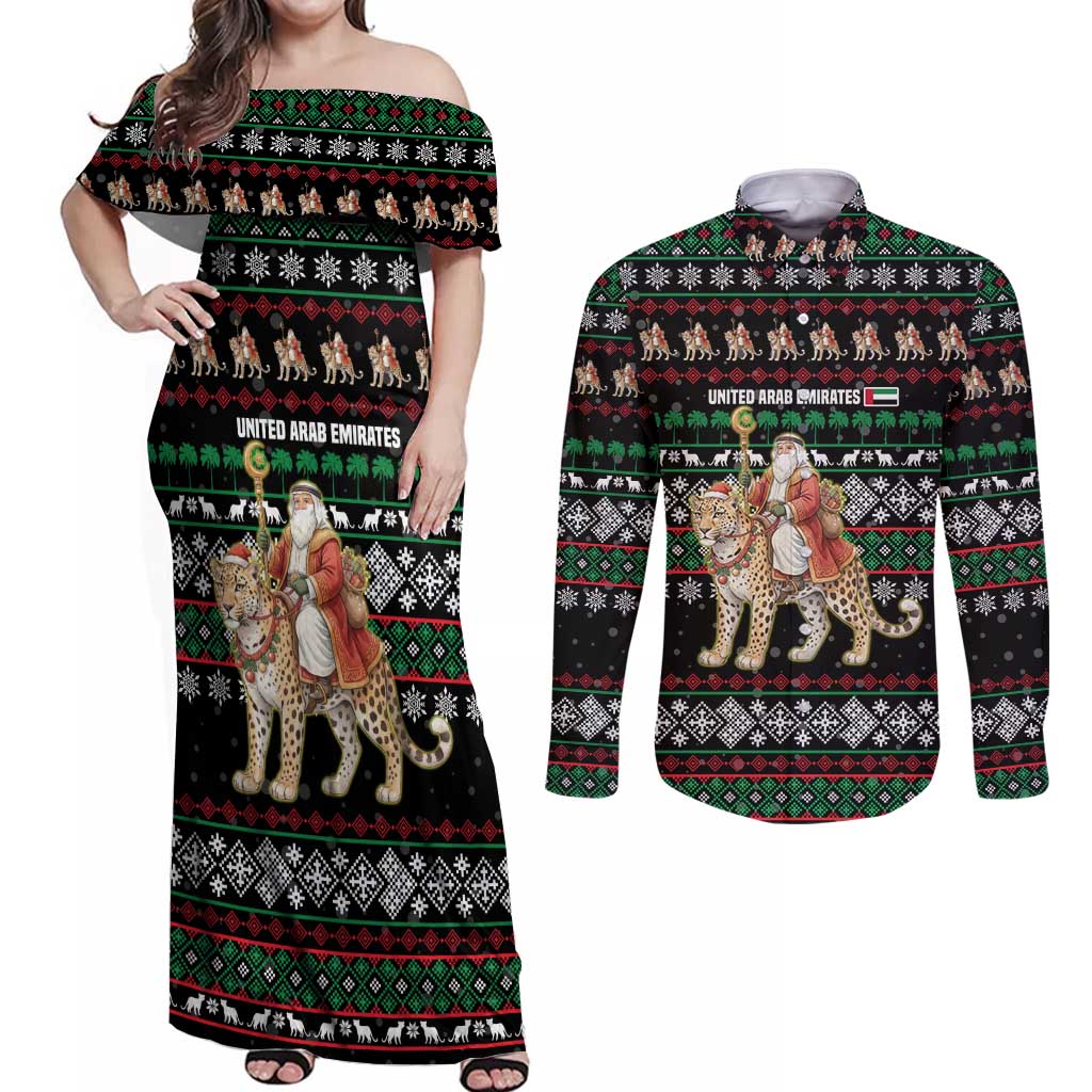 United Arab Emirates Christmas Couples Matching Off Shoulder Maxi Dress and Long Sleeve Button Shirt with Santa Riding Cheetah Black Snowflake Pattern and Palm Tree - Wonder Print Shop