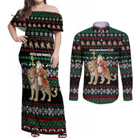 United Arab Emirates Christmas Couples Matching Off Shoulder Maxi Dress and Long Sleeve Button Shirt with Santa Riding Cheetah Black Snowflake Pattern and Palm Tree - Wonder Print Shop