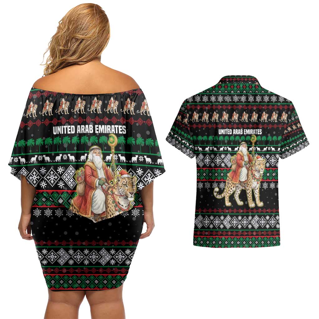 United Arab Emirates Christmas Couples Matching Off Shoulder Short Dress and Hawaiian Shirt with Santa Riding Cheetah Black Snowflake Pattern and Palm Tree - Wonder Print Shop