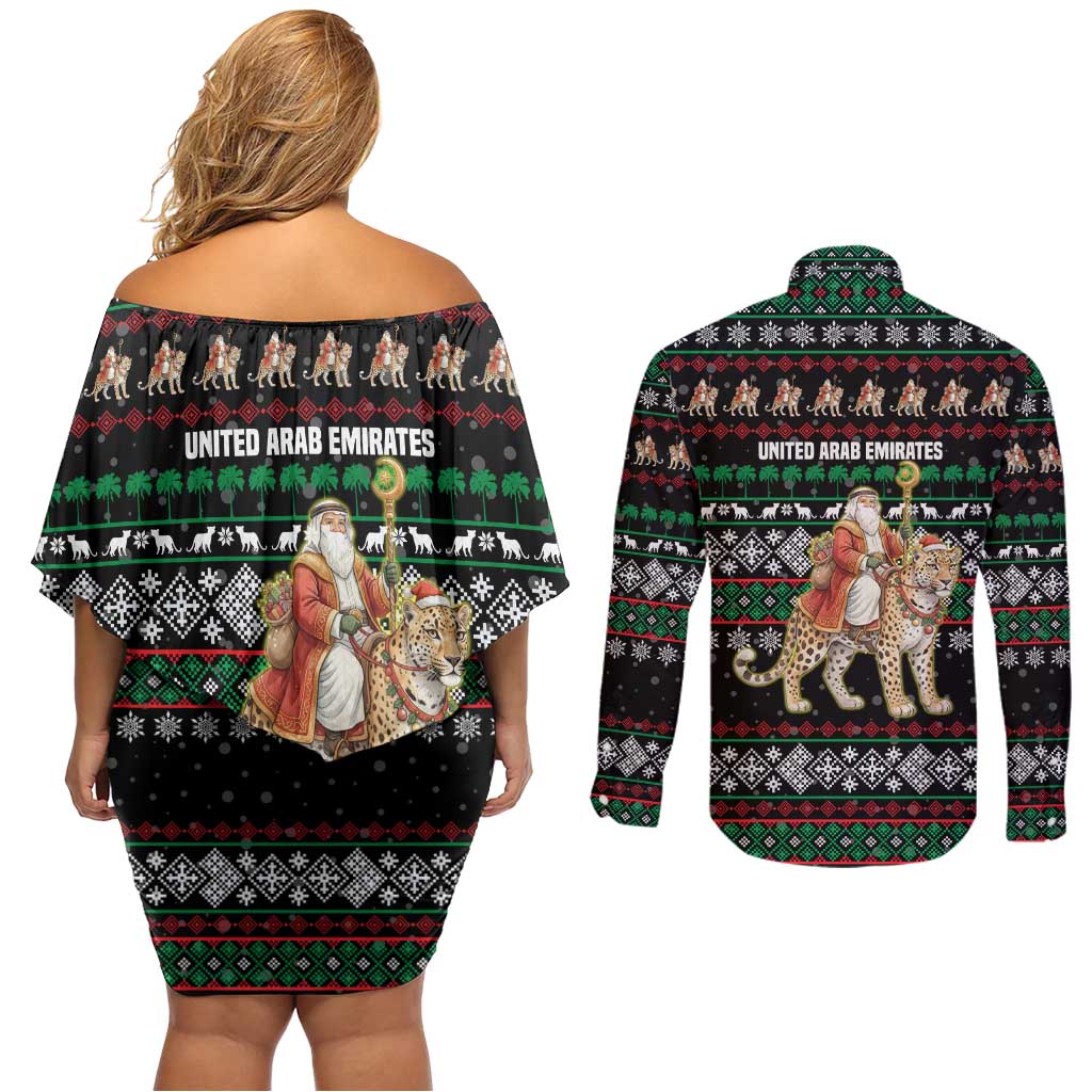 United Arab Emirates Christmas Couples Matching Off Shoulder Short Dress and Long Sleeve Button Shirt with Santa Riding Cheetah Black Snowflake Pattern and Palm Tree - Wonder Print Shop
