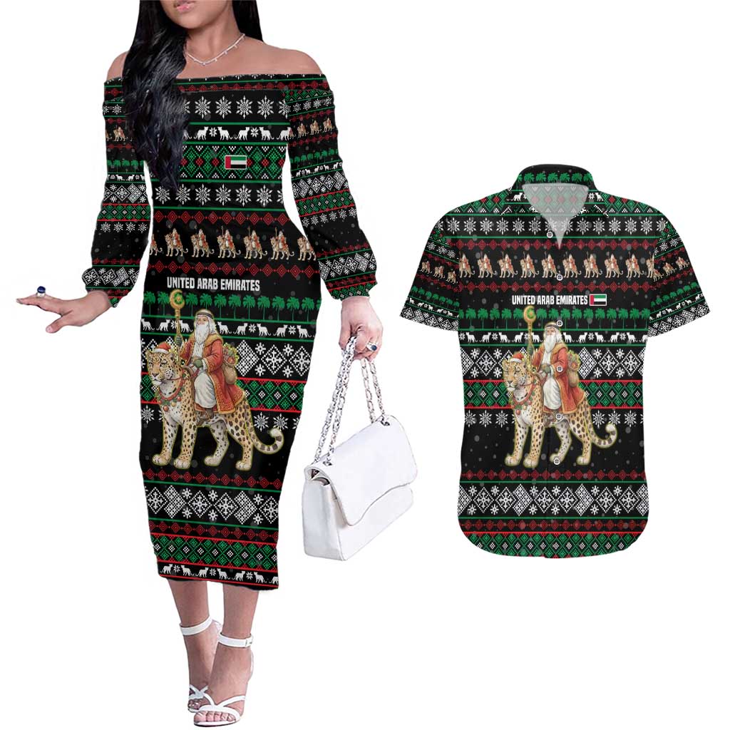 United Arab Emirates Christmas Couples Matching Off The Shoulder Long Sleeve Dress and Hawaiian Shirt with Santa Riding Cheetah Black Snowflake Pattern and Palm Tree - Wonder Print Shop
