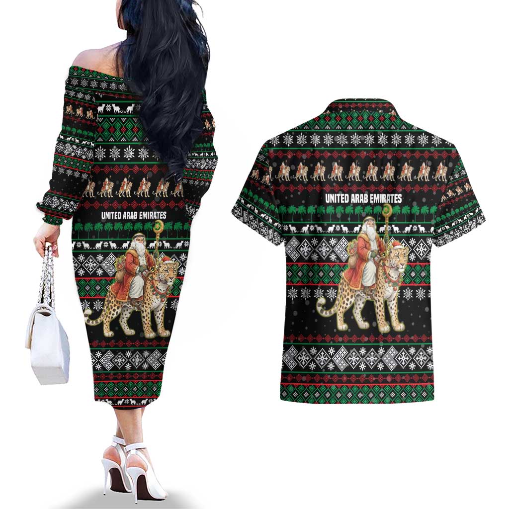 United Arab Emirates Christmas Couples Matching Off The Shoulder Long Sleeve Dress and Hawaiian Shirt with Santa Riding Cheetah Black Snowflake Pattern and Palm Tree - Wonder Print Shop