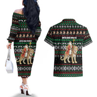 United Arab Emirates Christmas Couples Matching Off The Shoulder Long Sleeve Dress and Hawaiian Shirt with Santa Riding Cheetah Black Snowflake Pattern and Palm Tree - Wonder Print Shop