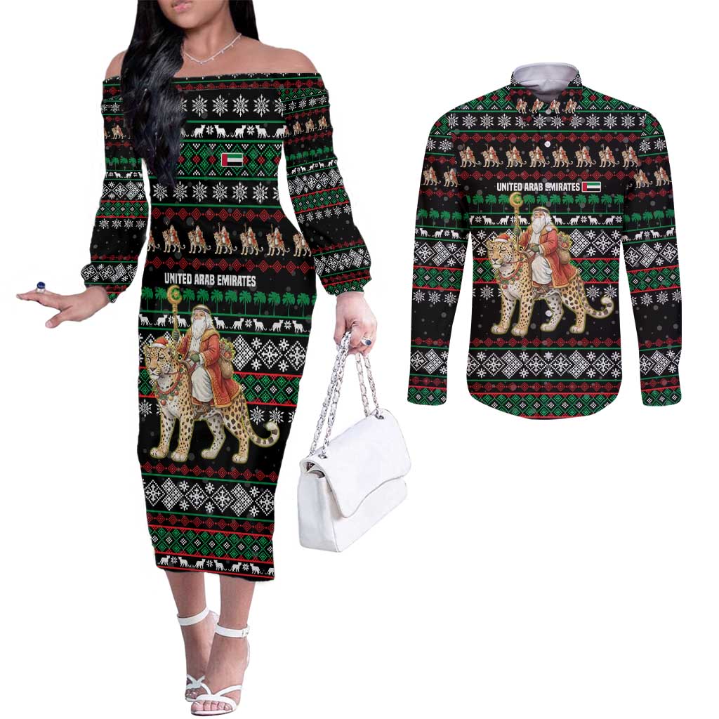 United Arab Emirates Christmas Couples Matching Off The Shoulder Long Sleeve Dress and Long Sleeve Button Shirt with Santa Riding Cheetah Black Snowflake Pattern and Palm Tree - Wonder Print Shop